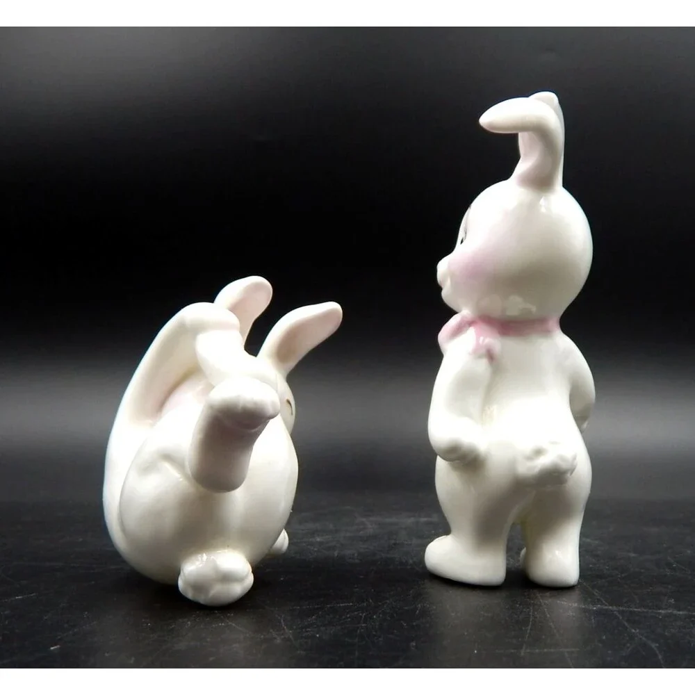 Bone China Tumbling Bunnies Rabbit Figurines 3.5 Inch White Pink Bow Taiwan